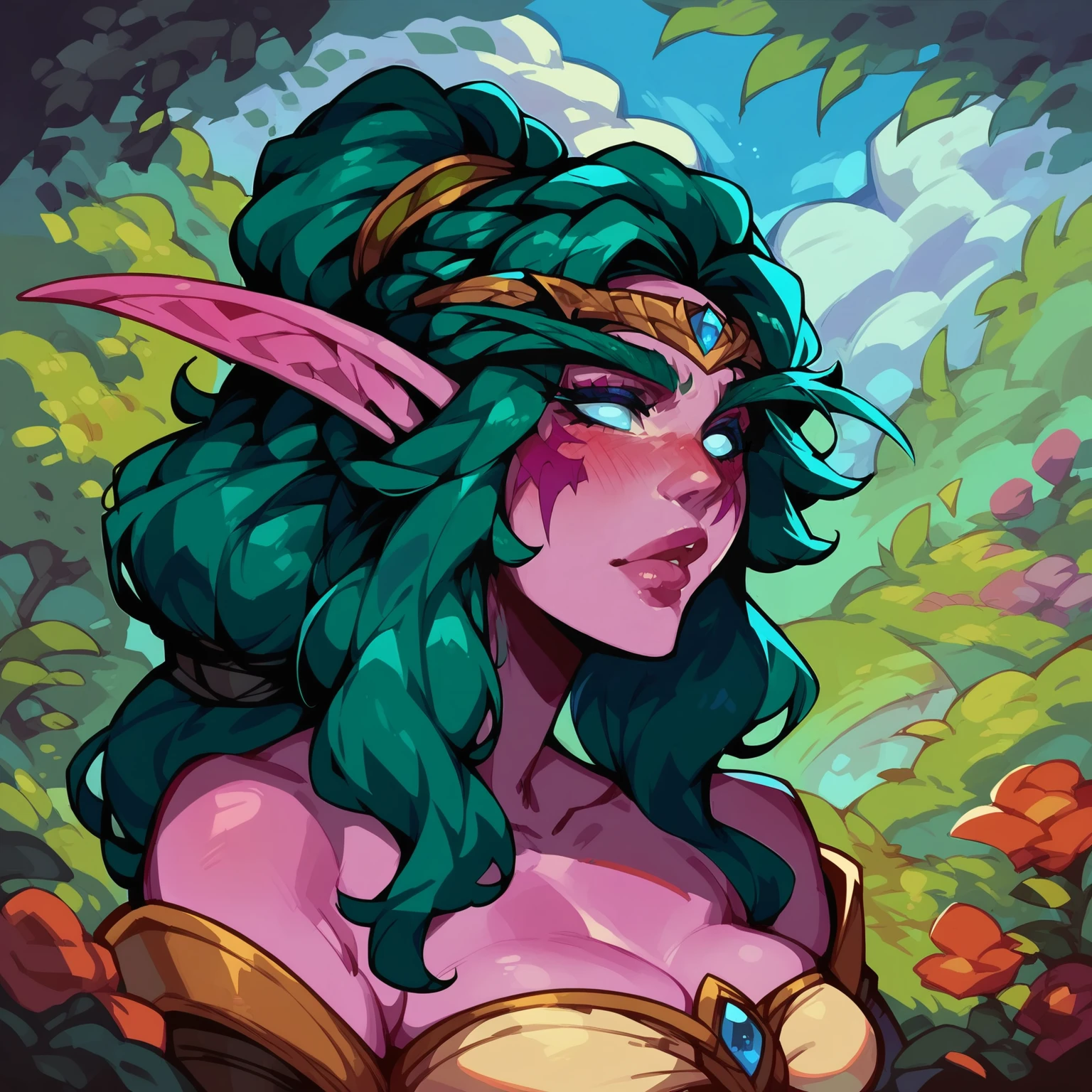 score_9, score_8_up, score_7_up,  tyrande whisperwind, night elf, half body, outdoors, blush, portrait
<lora:Cartoon_Art:1>