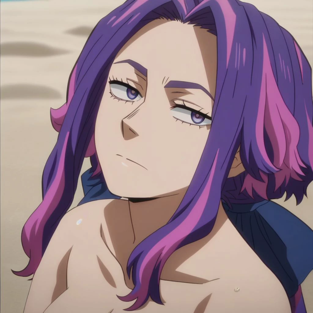 score_9, 
1girl, solo, (long hair:1.2), mature female, lady nagant, purple hair, pink hair,  purple eyes, anime screencap, anime coloring, sand, beach, ocean, sunbed,