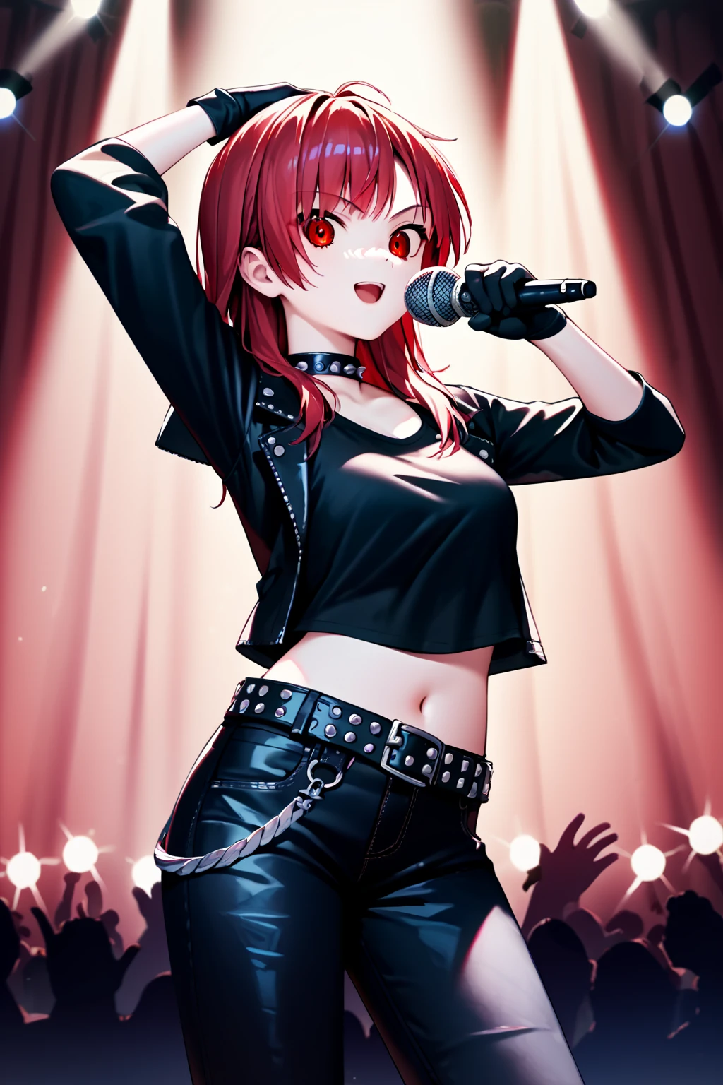 score_9, score_8_up, score_7_up, score_6_up, rating_safe, source_anime, best quality, masterpiece, detailed background, detailed eyes, concert, microphone, singing, black sweatshirt, red miniskirt, studded belt, studded choker, black gloves, <lora:iwasawa-xl-06:1.2>, iwasawa, medium breasts,