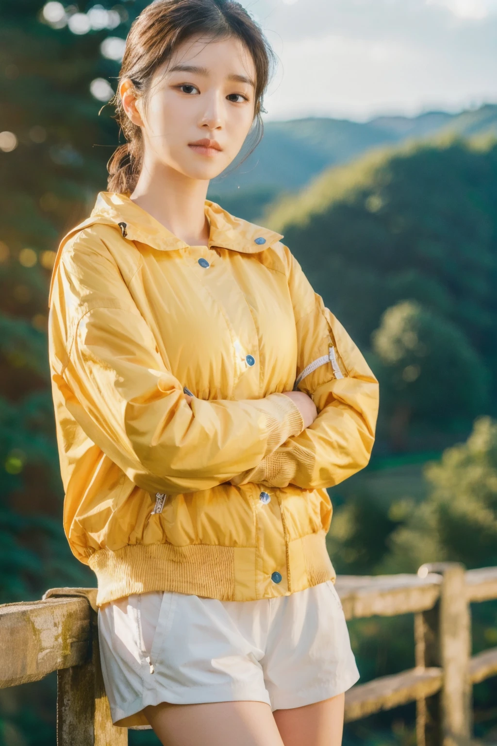 SeoYeji <lora:SeoYeji:0.9>, ,a woman wearing Light jacket and athletic shorts, countryside, (golden hour:0.5)