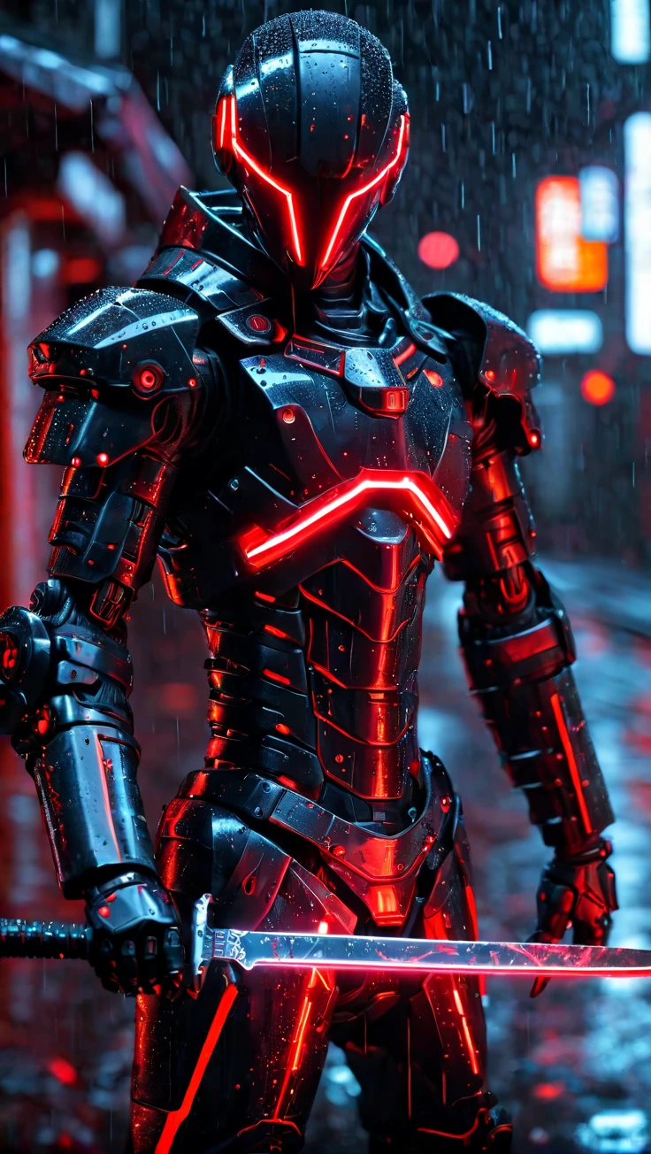 A mecha warrior,dressed in a mecha,mainly black and red,holding a long knife in his hand,with red neon lights,close-up of the whole body,dark night,rain,rich in detail,ultra-high resolution,32K UHD,best quality,masterpiece,