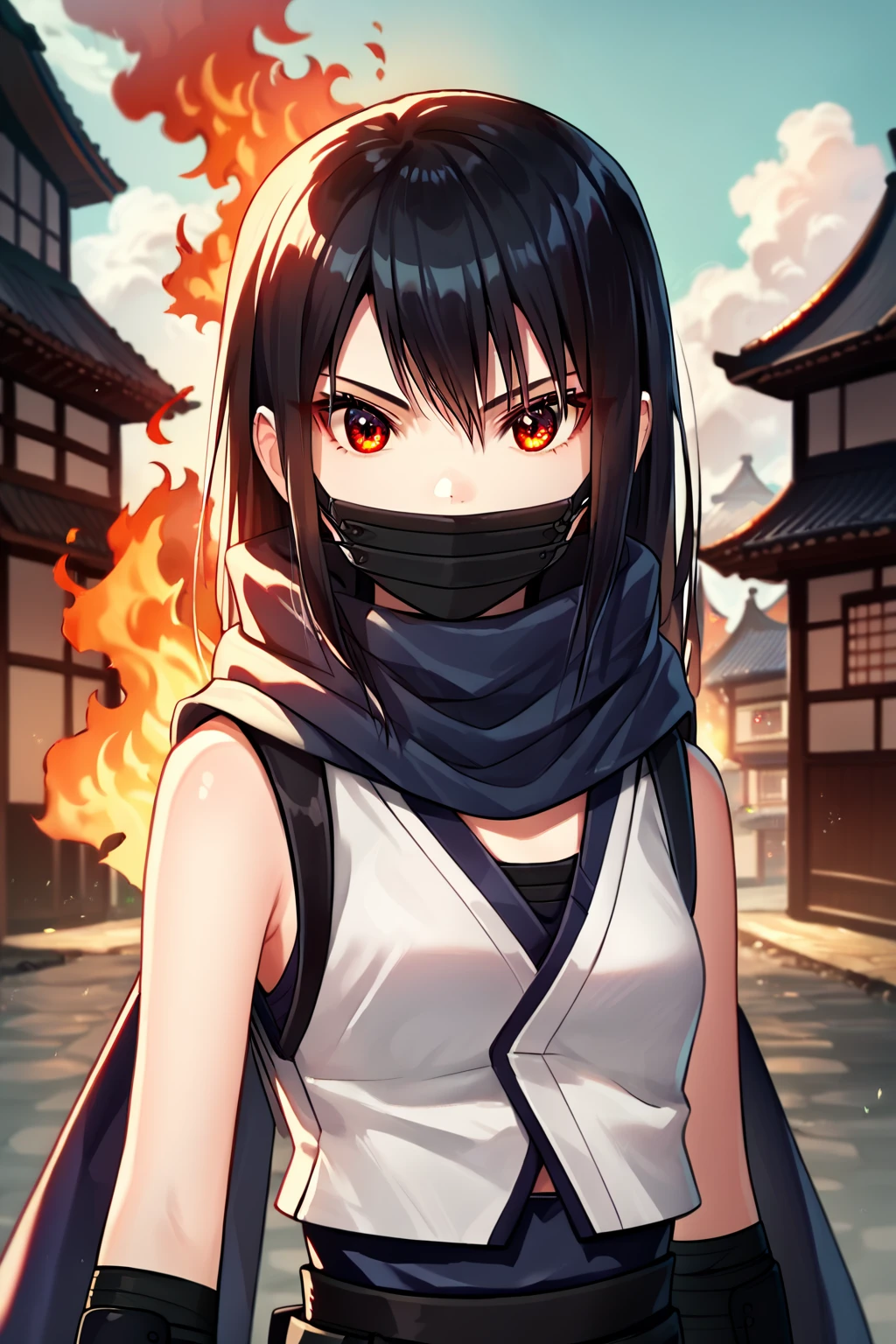 score_9, score_8_up, score_7_up, score_6_up, rating_safe, source_anime, best quality, masterpiece, detailed background, detailed eyes, feudal japan, village, burning buildings, fire, ninja outfit, ninja mask, <lora:shiina-xl-06:1>, shiina, black hair, red eyes, small breasts, ninja scarf,