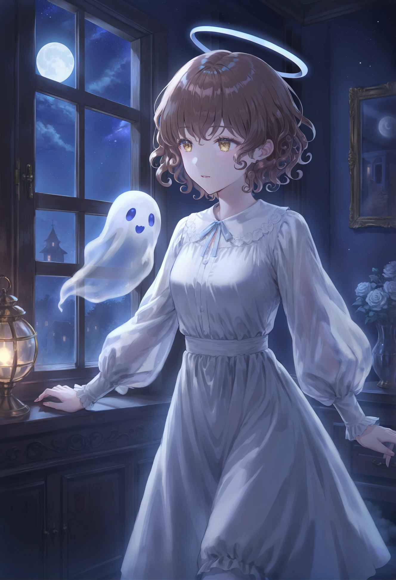 masterpiece, best quality,1girl,   solo, scenery, window, star, (sky:1.1), moon, indoors, genderswap, white dress, genderswap \(mtf\), starry sky, ghost, blue shirt, curly hair, short hair, brown hair, halo, full moon, dress, ghost girl, star \(sky\), shirt