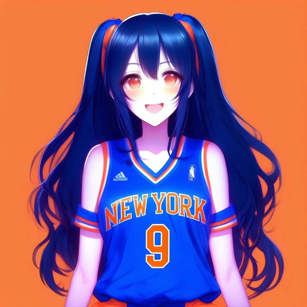 1girl, anime style, wearing a blue Knicks jersey, long black hair, happy, pale orange background