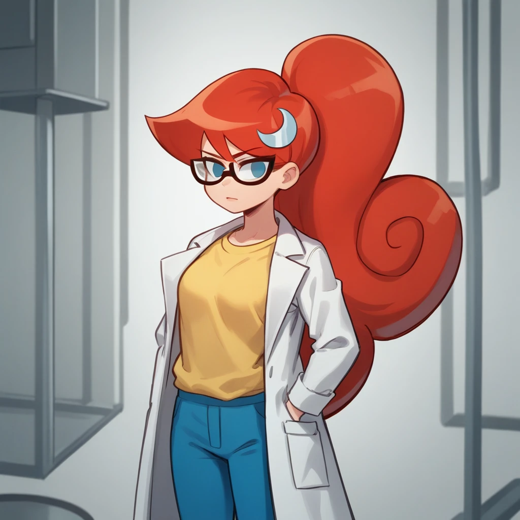 score_8_up, BREAK, source_cartoon, solo, 1girl, Mary, Red hair, long hair, high ponytail , blue eyes,  glasses, blue pants , yellow t-shirt,  crescent hair ornament, lab coat , long sleeves,    <lora:MaryTest_LeafXL_1:0.8>