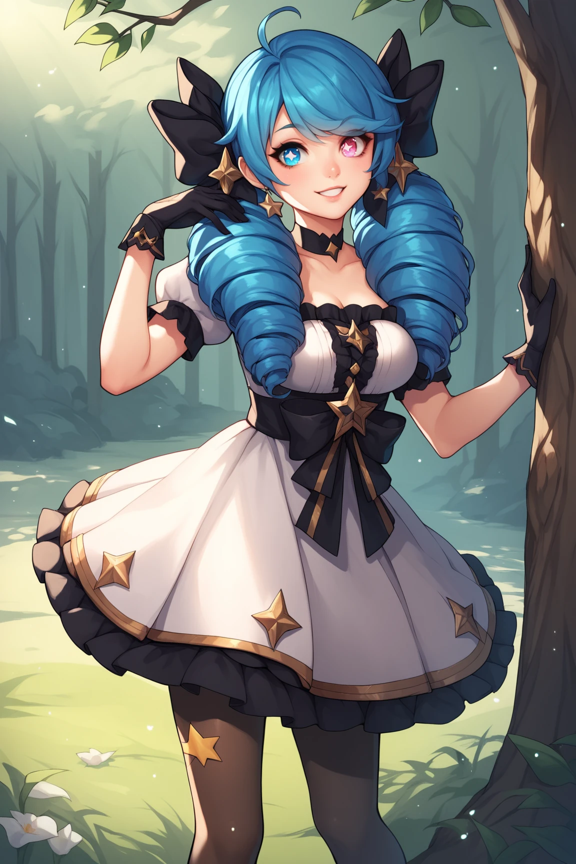 score_9, score_8_up, score_7_up, score_6_up, score_5_up, score_4_up, GwenLoLXL, blue eye, heterochromia, symbol-shaped pupil, star (symbol), blue hair, drill hair, hair bow, black bow, trwin drills, twintails, long hair, bangs, ahoge, medium breasts, puffy short sleeves, white dress, black gloves, pantyhose, boots, standing, seductive smile, looking at viewer, forest, tree <lora:GwenLoLXL:0.7>