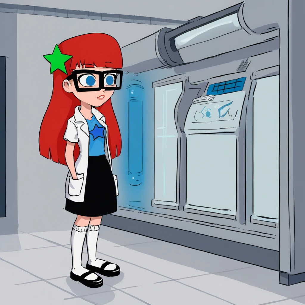 source_cartoon, solo, 1girl, Susan, Red hair, long hair, blunt bangs , blue eyes, glasses, black skirt , blue t-shirt, star hair ornament, lab coat, Mary janes, white socks, <lora:SusanTest_LeafXL_3-10:0.8>, laboratory,