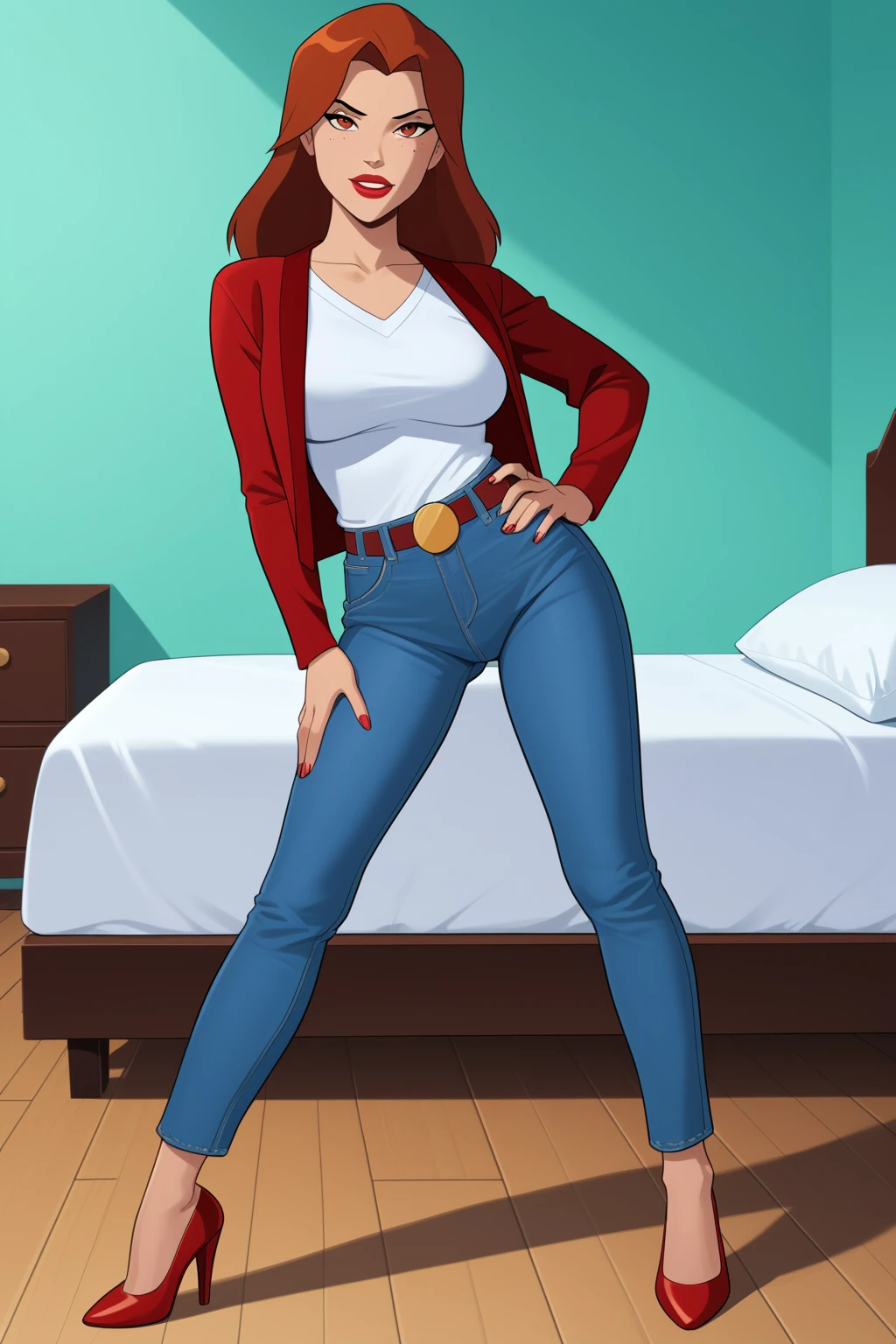 source_cartoon, source_anime, score_9, score_8_up, score_7_up, score_6_up, score_5_up, ((zPDXL, zPDXLxxx)), <lora:add-detail-xl:3> BREAK <lora:Miss_Martian:0.8> missmartian, 1girl, red hair, looking at viewer, long hair, lipstick, mature female, red cardigan, white tshirt, jeans, red heels, standing, hands on hip, in bedroom