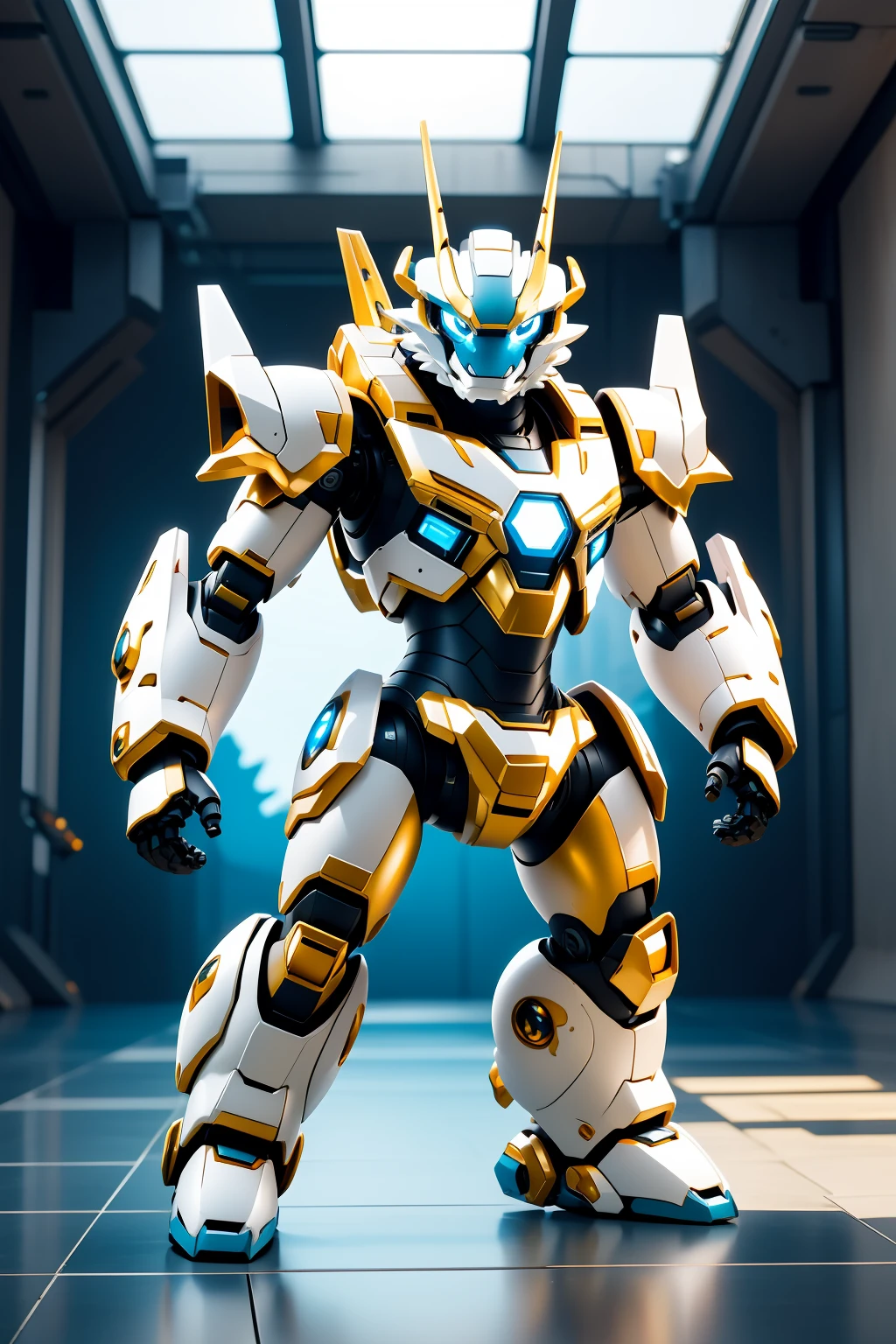 masterpiece,best quality,robotzoo, dragon mecha, cute, no humans, solo, standing, blue eyes, full body, indoors, ,<lora:robotzoo_v1.4:0.85>