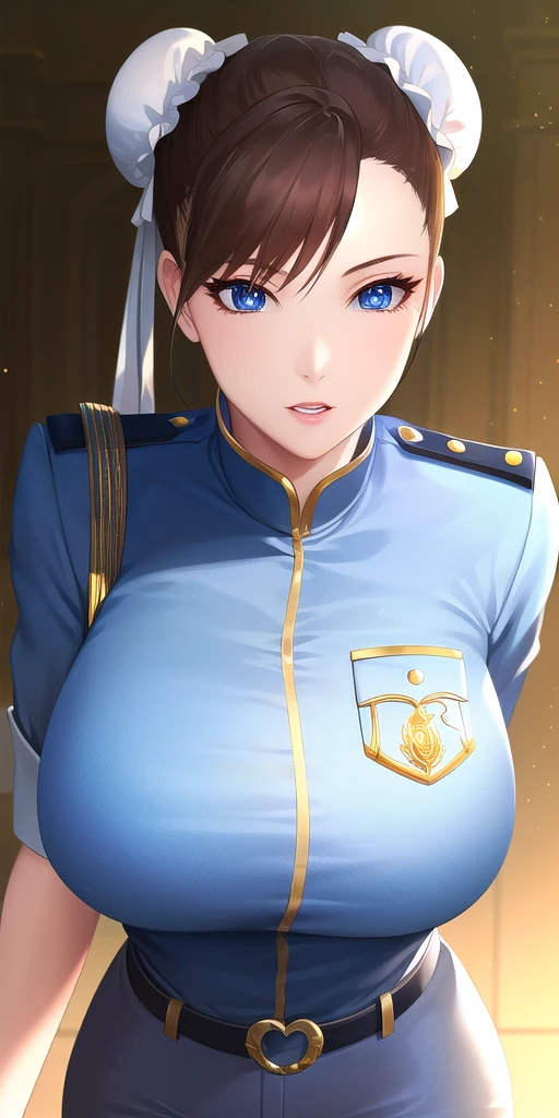 <lora:ChunLIV5:0.7> sfchunlidoublebun, huge_breasts, standing, solo, policewoman,, masterpiece, best_quality, detailed_face, detailed_eyes, highres, beautiful, detailed, absurdres,