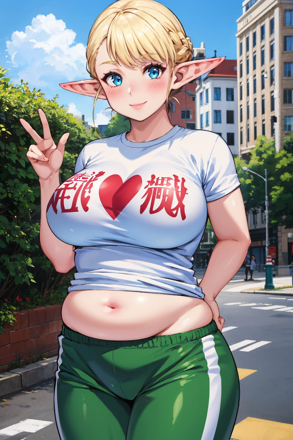 masterpiece, best quality, 1girl, <lora:elfuda-nvwls-v1-000009:0.9> elfuda, pointy ears, french braid, white t-shirt, clothes writing, green pants, track pants, belly, plump, (huge breasts:0.8), looking at viewer, blue sky, city, smile, blush, upper body