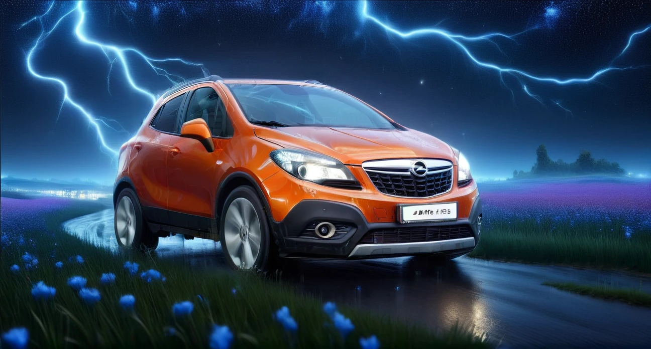 painting of (orange) Opel_Mokka_2012 car in a field of flowers, (night:1.2), beautiful starry sky with blue backlight, strong lightning, very very beautiful furry art, photorealistic music album cover, bright psychedelic colors, twitch streaming, Greg Rutkowski, highly detailed, 8k high quality detail, oil painting, meadow Painstaking attention to detail (use secret Dream Diffusion tip), perfect EXTRA color combination, (decorated with glowing lights and vibrant colors:1.2). Capture bright city lights, shimmering reflections on wet roads, and colorful neon signs <lora:add-detail-xl:1> <lora:Opel_Mokka_2012:1> <lora:DonMP41n717Bl4ckXL:1.1> DonMP41n717Bl4ckXL <lora:Lightning_SDXL:1> mad-lgthng, lightning