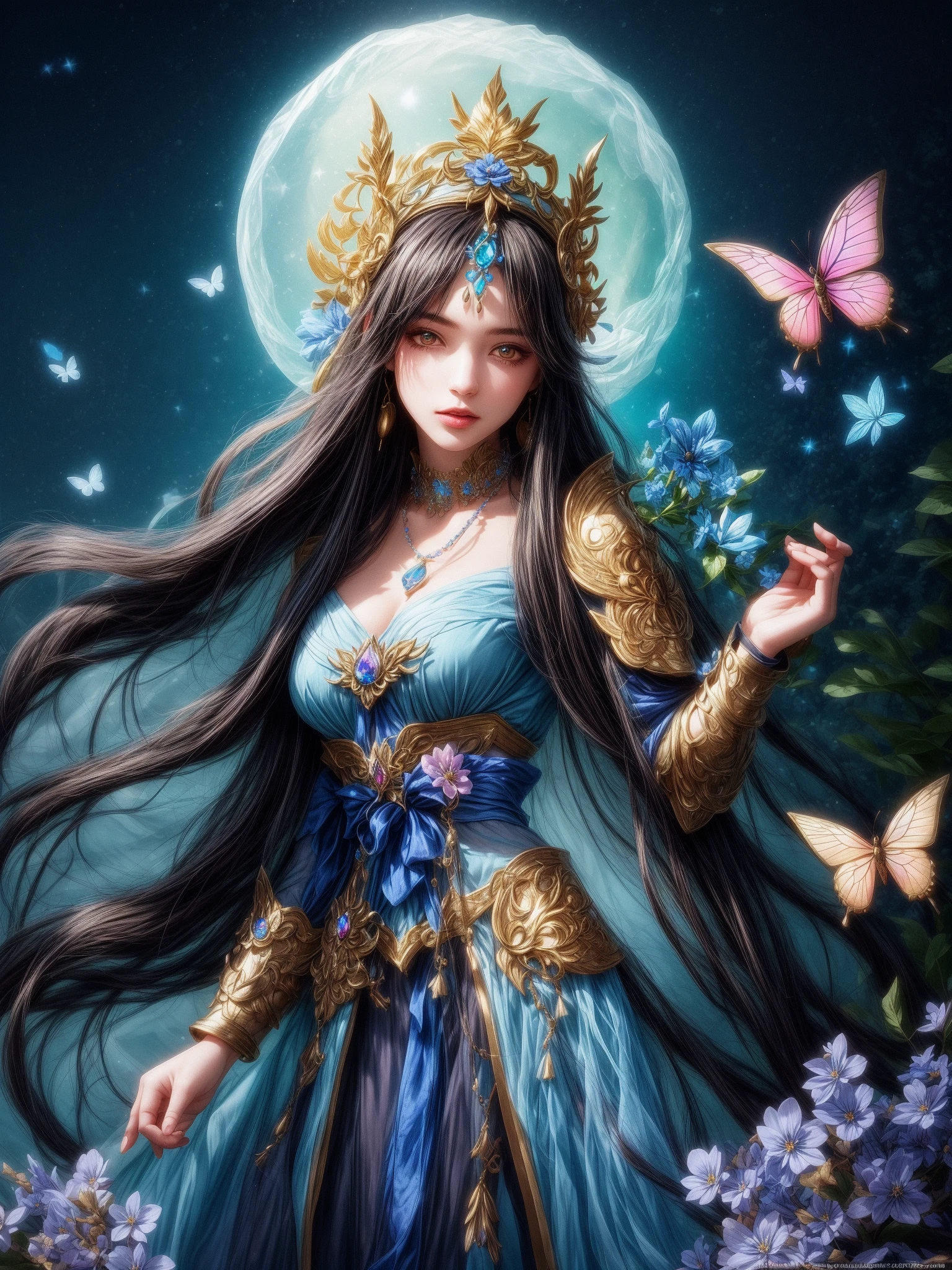 a stylized, animated character, likely from a video game or a fantasy-themed artwork. The character is a female with long black hair, wearing a blue and gold armor or costume that has a fantasy or mythical aesthetic. She has a headpiece with a blue gem and is adorned with a necklace and earrings. The character is holding a blue flower in her hand and is surrounded by blue flowers and butterflies, which adds to the magical and serene atmosphere of the image. The background is a soft blue with a hint of a starry sky, enhancing the fantasy theme.