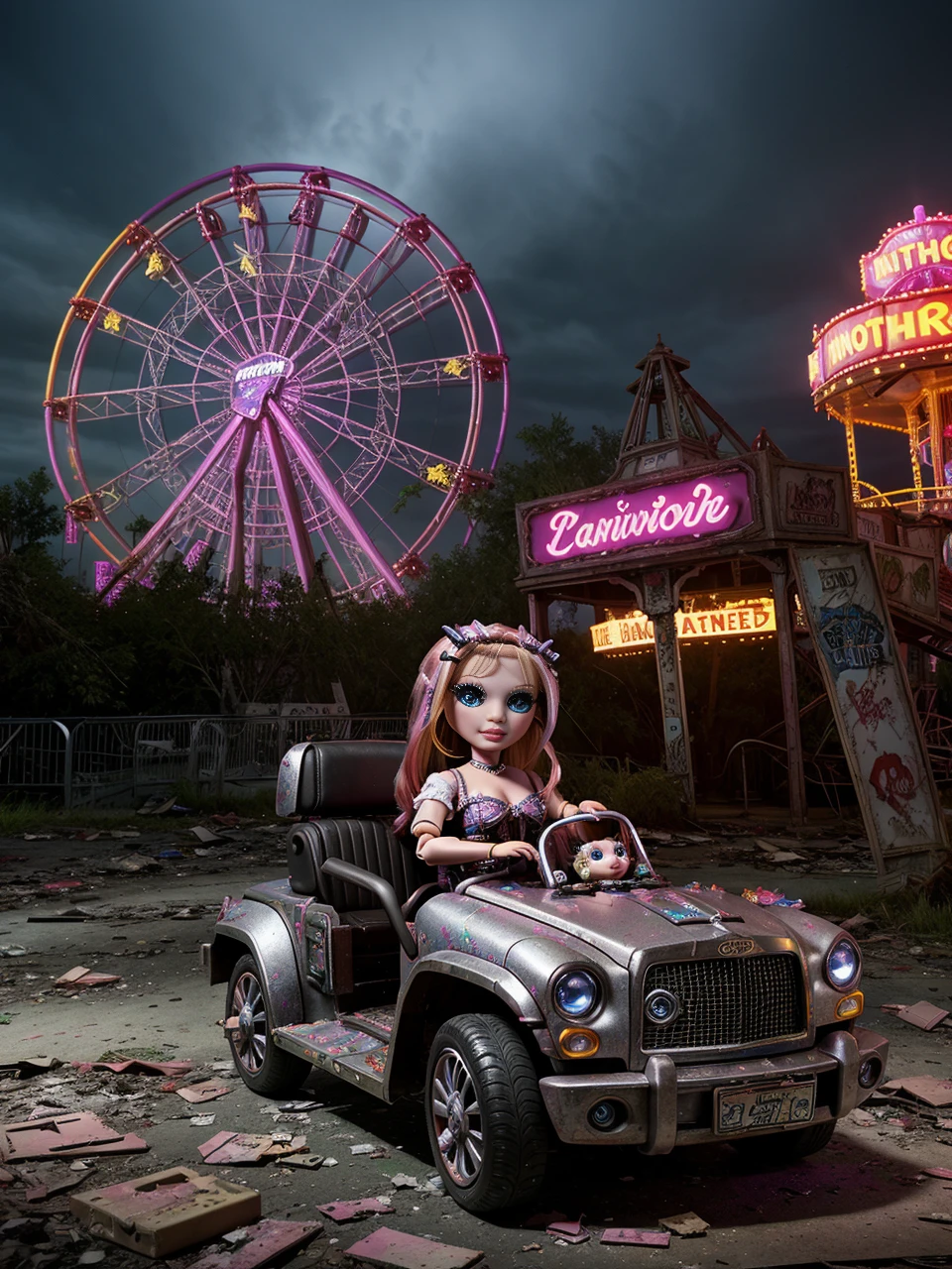 <lora:RainbowHigh:1> abandoned amusement park, rainbow high doll is enjoying a ride, naughty, looking at the viewer, naughty, dark atmosphere, intricate, 4k, tack sharp, nikon DSLR, master piece