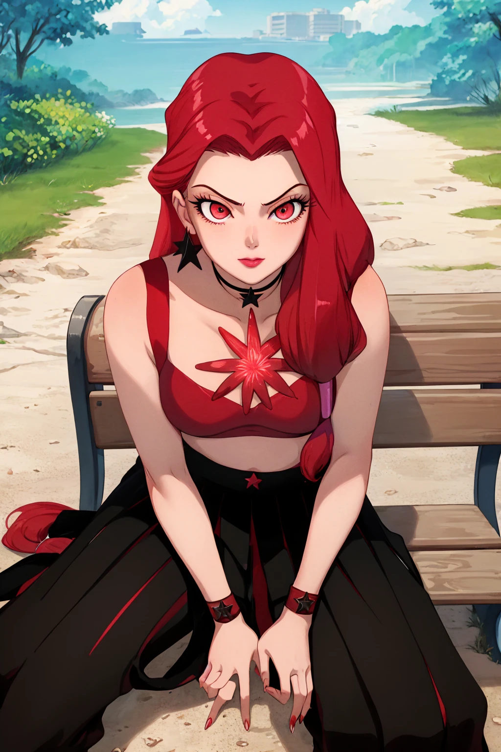 (masterpiece, best quality:1.2), 1girl, solo, sitting, bench, <lora:eudialv1-20:1> eudial, red hair, red eyes, crop top, black skirt, cowboy shot, looking at viewer,