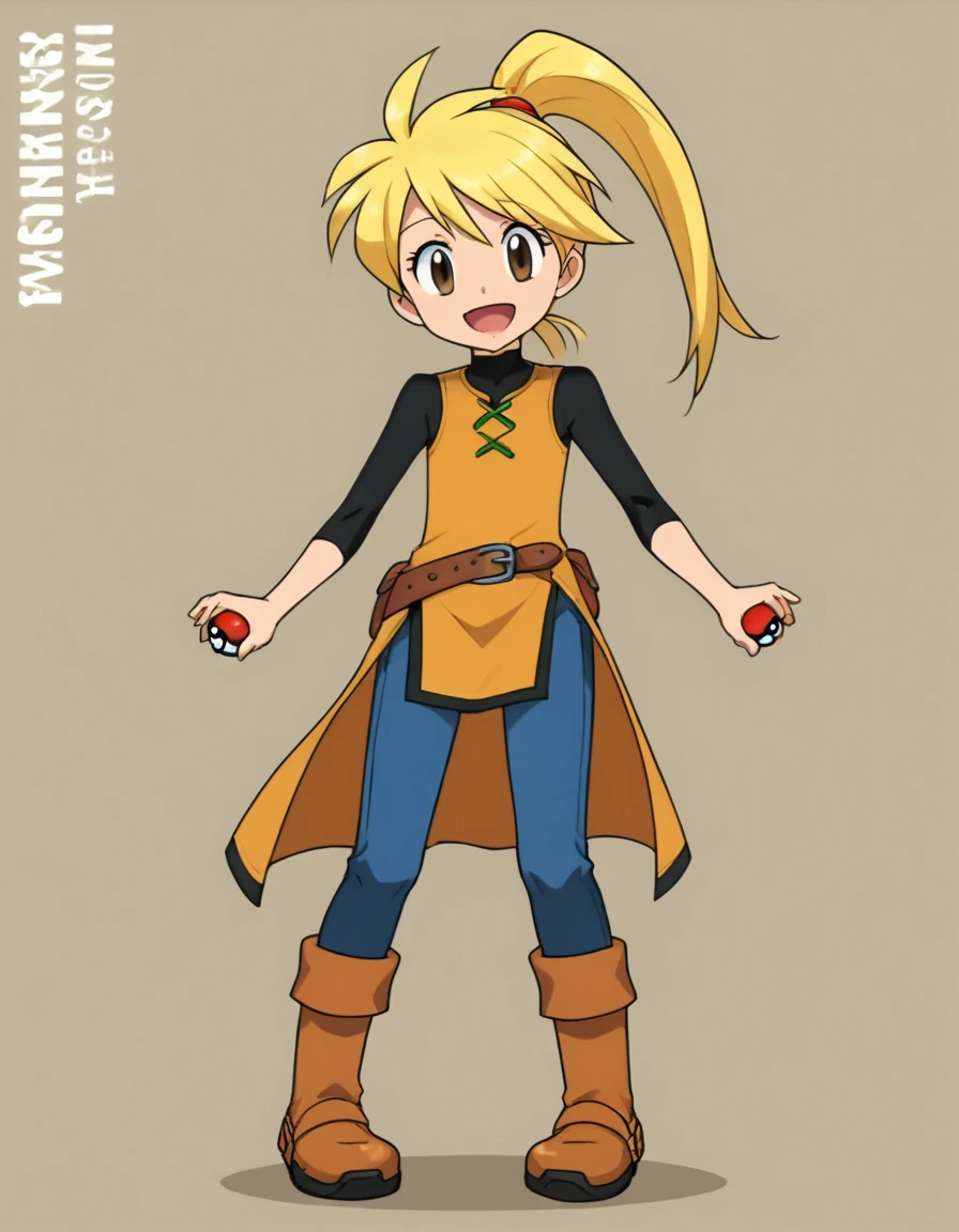 score_9, score_8_up, score_7_up, score_6_up, score_5_up, score_4_up, BREAK source_anime, anime screencap, <lora:YellowXL-10:1> YellowXL, 1girl, solo, smile, open mouth, brown eyes, full body, boots, belt, pants, character name, pokemon (creature), copyright name, poke ball