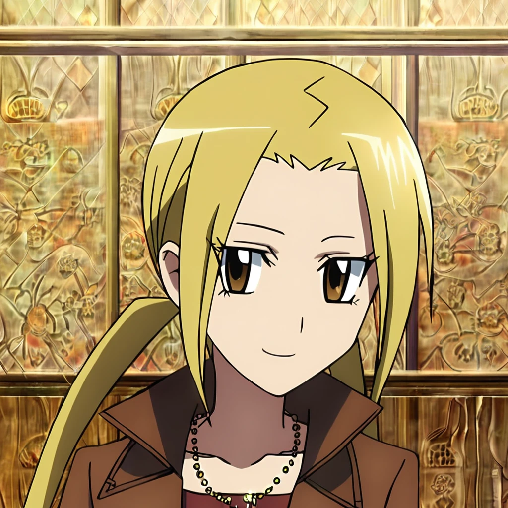 anime artwork illustrating Hagimura_Suzu, 1girl, solo, long hair, looking at viewer, smile, blonde hair, twintails, brown eyes, jewelry, collarbone, jacket, yellow eyes, upper body, necklace, high quality,masterpiece,animestyle, highress,female focus. created by japanese anime studio. highly emotional. best quality, high resolution