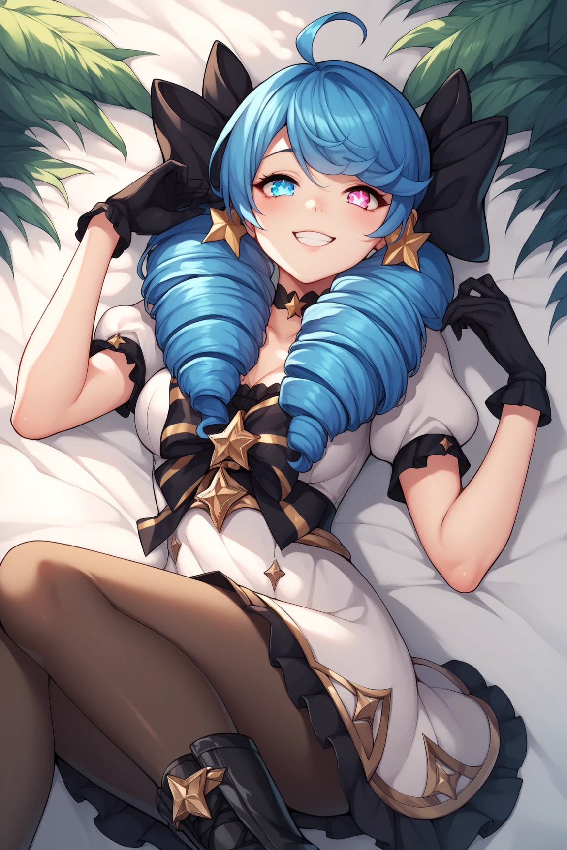 score_9, score_8_up, score_7_up, score_6_up, score_5_up, score_4_up, GwenLoLXL, (blue eye), heterochromia, symbol-shaped pupil, star (symbol), blue hair, drill hair, hair bow, black bow, trwin drills, twintails, long hair, bangs, ahoge, medium breasts, puffy short sleeves, white dress, black gloves, pantyhose, black boots, lying on bed, seductive smile, looking at viewer, forest, tree <lora:GwenLoLXL:0.7>