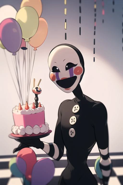 <lora:puppet-10:1> puppet, solo, holding balloons, big birthday cake, checkered floor, masterpiece, best quality,upper body,