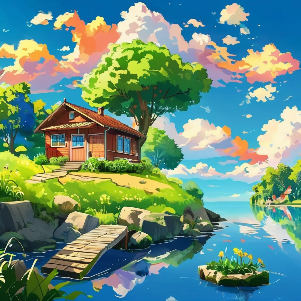 a picture cozy, tiny, picturesque house nestled on a small floating island, bench and tiny garden, brilliant blue sky, swirling clouds, vivid colors , in the style of  <lora:style_lora:1>