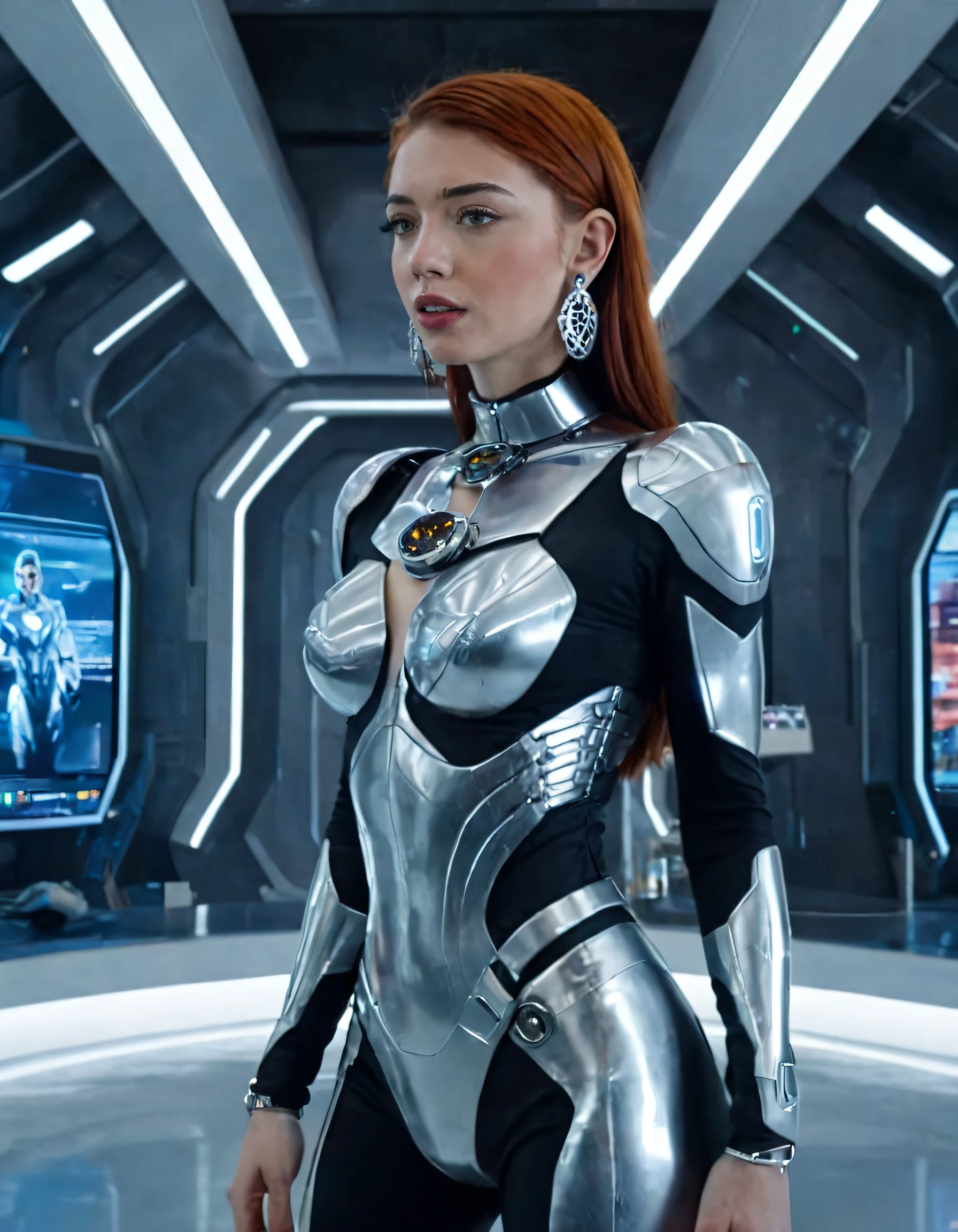 In an unpredictable sci-fi scenario, Sicily Rose, a confidently dressed woman in futuristic attire, stands tall amidst a technologically advanced backdrop, donning exquisite jewelry including distinctive earrings that accentuate her poised yet solitary presence as she effortlessly commands her environment with the grace of a cyborg superhero. <lora:wzgtzr18f925374faw117:1>