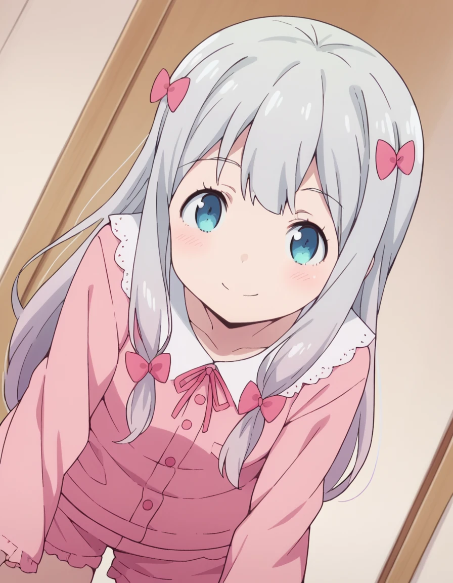 score_9, score_8_up, score_7_up, source_anime,
sagiriizumi, <lora:sagiri-izumi-s1-ponyxl-lora-nochekaiser:1>,
sagiri izumi, long hair, blue eyes, bow, hair bow, grey hair, pink bow,
ribbon, shorts, pink shirt, pajamas, pink shorts,
indoors, bent over, smile,
solo, looking at viewer, cowboy shot, dutch angle,