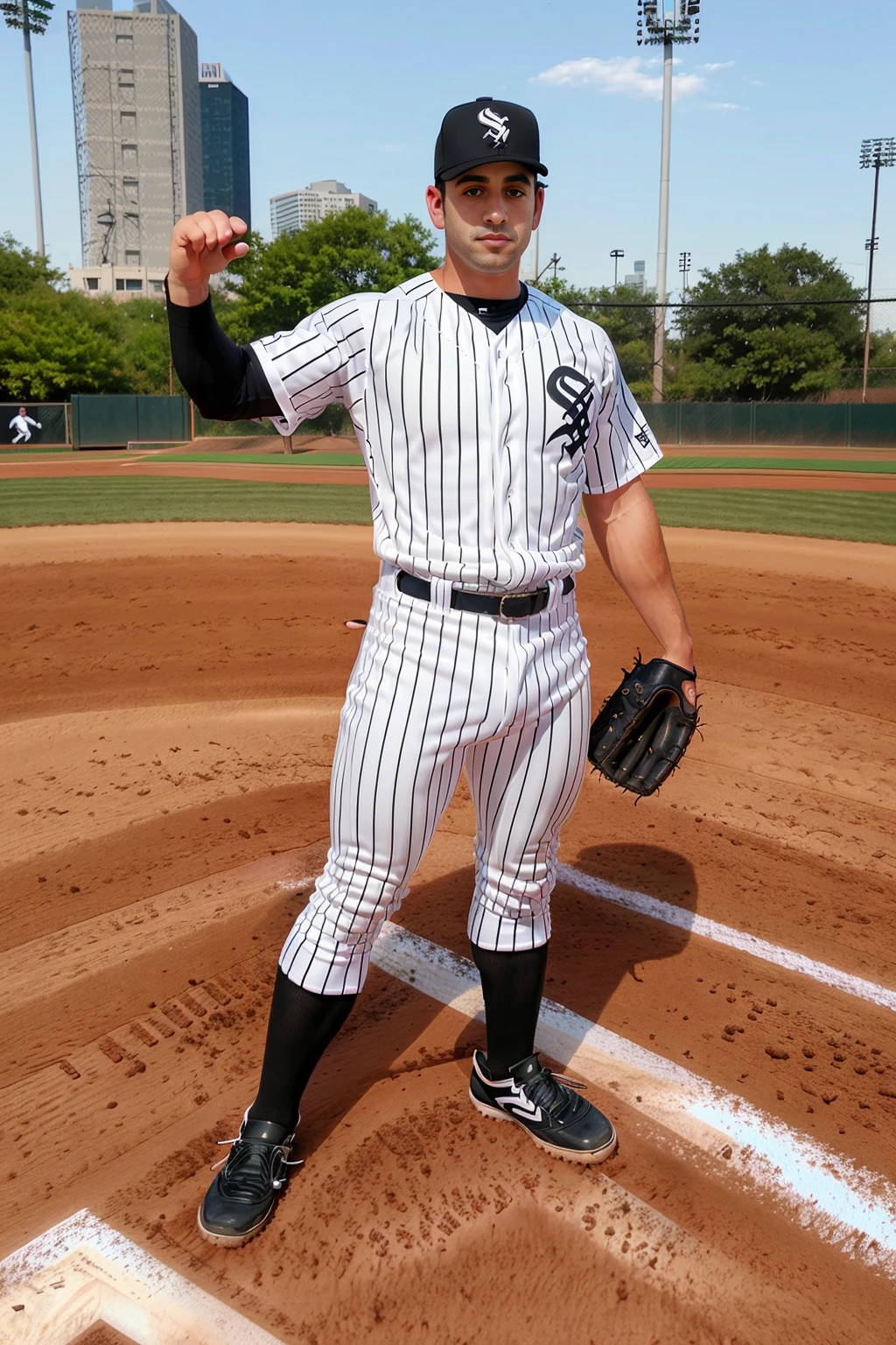 outdoor baseball field, standing at first base, DanteColle is a baseballplayer, (Chicago White Sox uniform), wearing white baseball uniform, white jersey with (black pinstripes), (white pants) with (black pinstripes), (black socks) stirrups, black baseball cap, (baseball mitt), (((full body portrait))), wide angle <lora:DanteColle:0.8>   <lora:Clothing - Sexy Baseball Player:0.7>