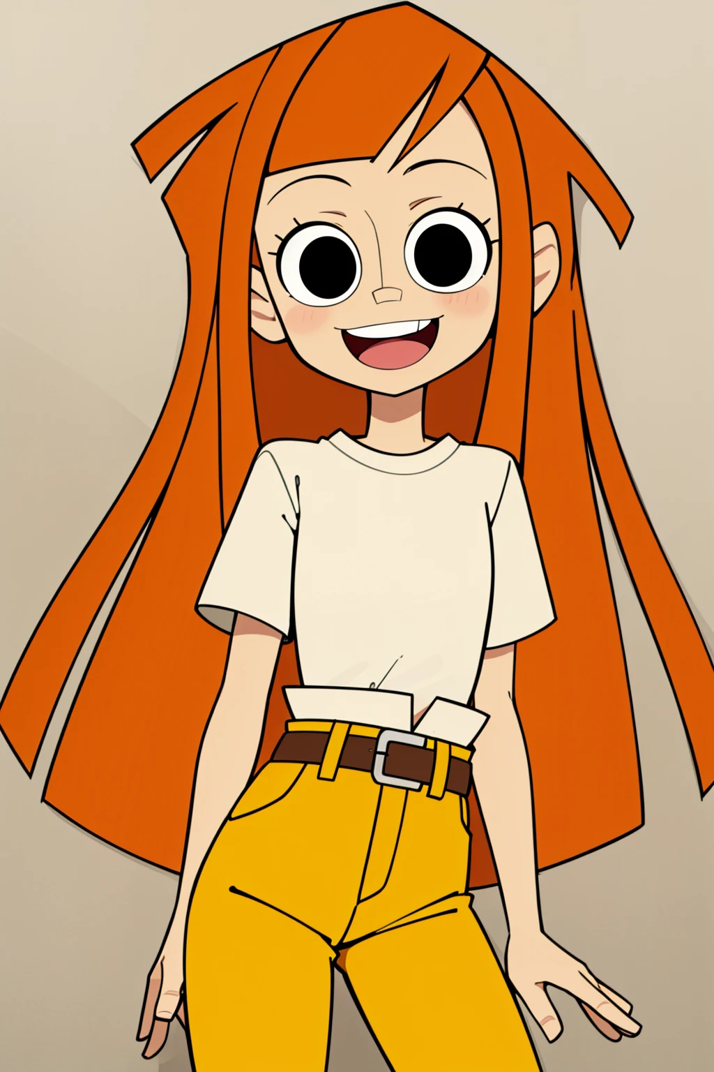 1girl, solo,smile,open mouth,orange hair,long hair,black eyes,white shirt,belt yellow pants,looking at viewer