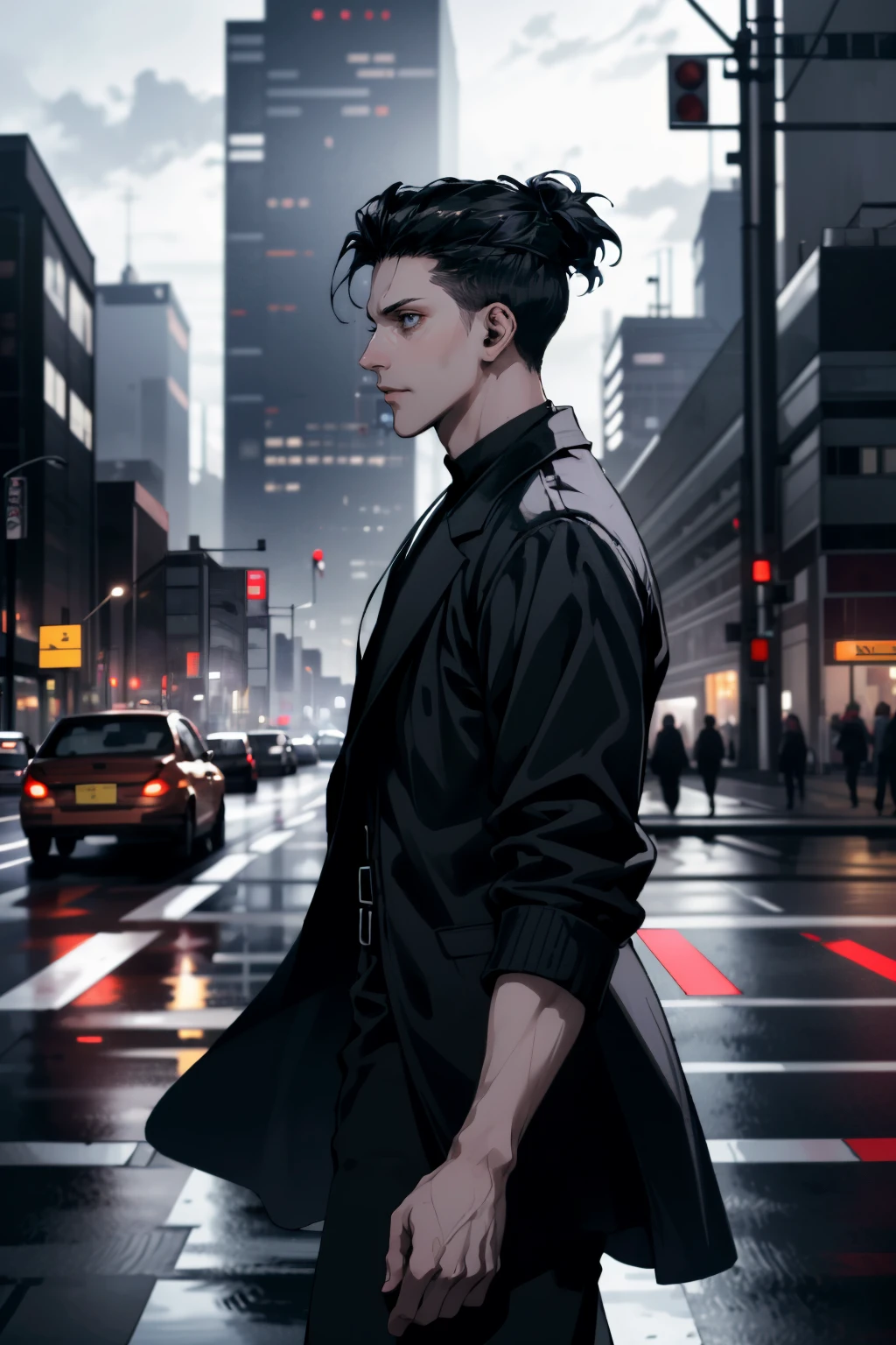 ((ultra detailed, masterpiece, absurdres))
<lora:DBHKamski:0.8>
DBHKamski, 1boy, undercut, black hair, striding confidently across a pedestrian crossing, with city traffic blurred in the background