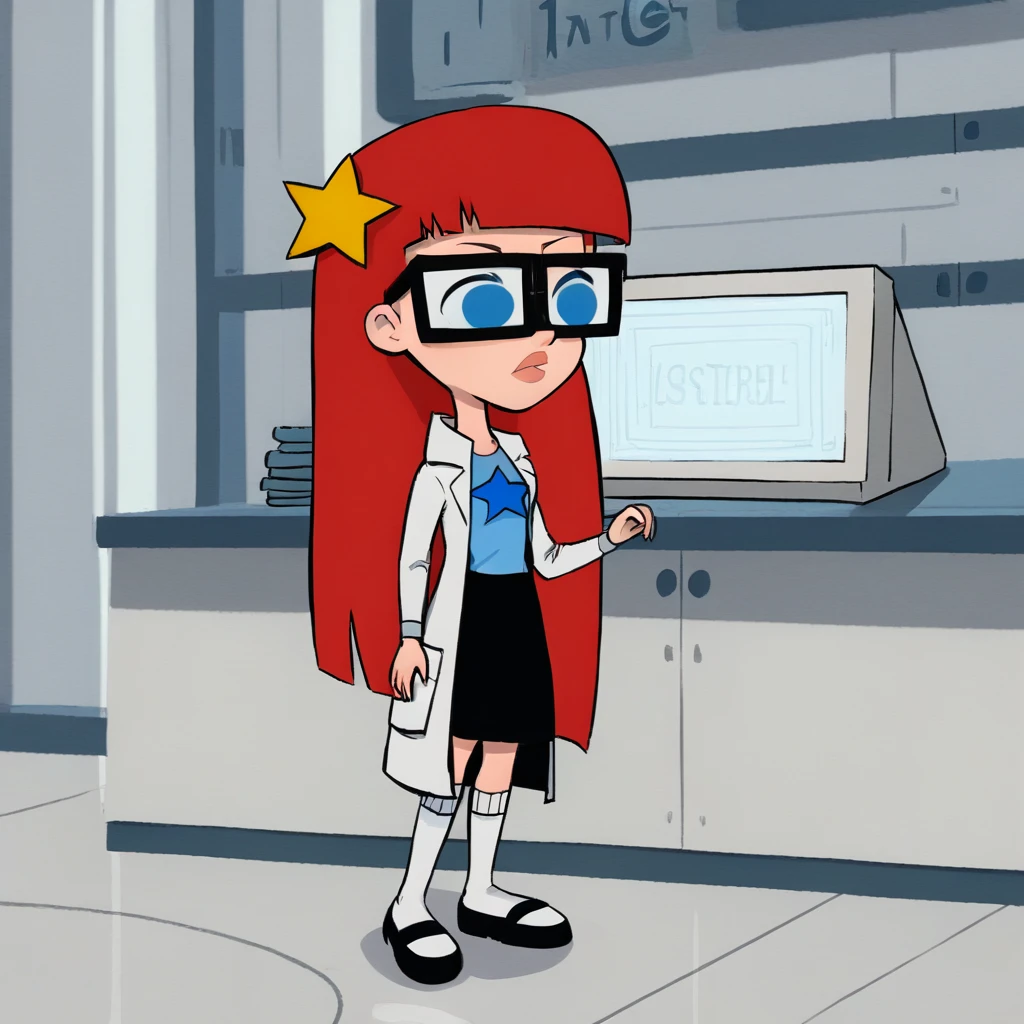 source_cartoon, solo, 1girl, Susan, Red hair, long hair, blunt bangs , blue eyes, glasses, black skirt , blue t-shirt, star hair ornament, lab coat , long sleeves, Mary janes, white socks, <lora:SusanTest_LeafXL_3-10:1>, laboratory,