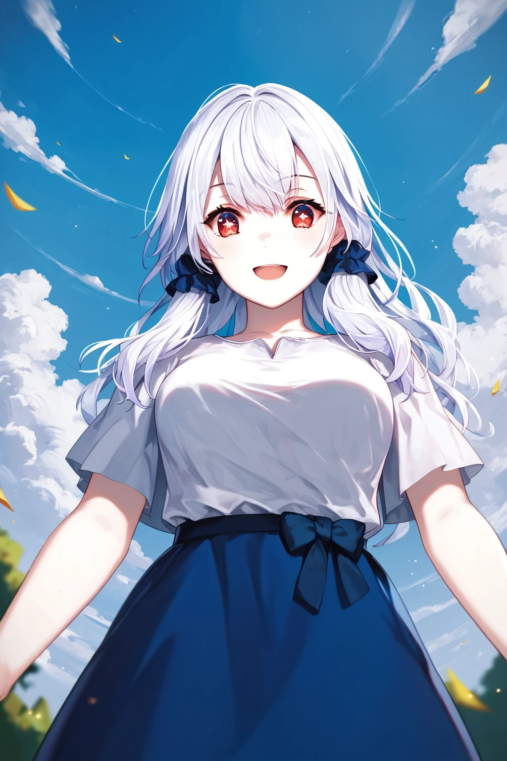 score_9, score_8_up, score_7_up, score_6_up, rating_safe, source_anime, best quality, masterpiece, detailed eyes, outdoors, (from below view), (bending down), (hands on legs), star pupils, <lora:yonagi-xl-04:1>, yonagi, white blouse, blue dress bottom, red eyes, cowboy shot, medium breasts, excited, open mouth, smile,