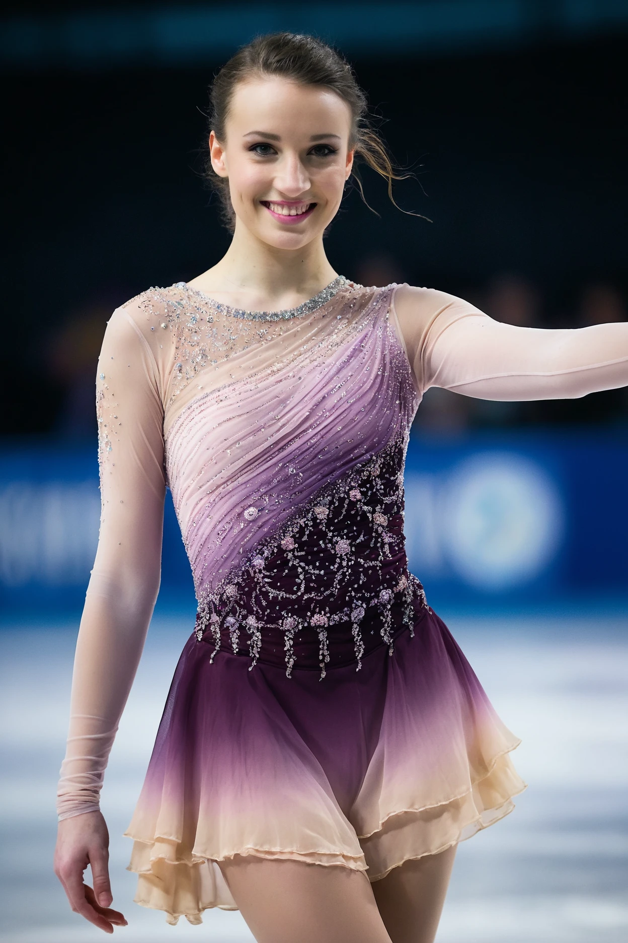 DSLR,25 years old, woman,figure skating dress,half body,full body,1girl,nighttime,highly detailed,Rembrandt lighting,ruching,chiffon,layered dress,sheer fabric,ombre,feminine pastel colors,makeup,skating rink, spotlight,arena,smiling,romantic
<lora:figureskatingdress_v13:0.4>,(perfecteyes:0.2), <lora:PerfectEyesXL:0.3>