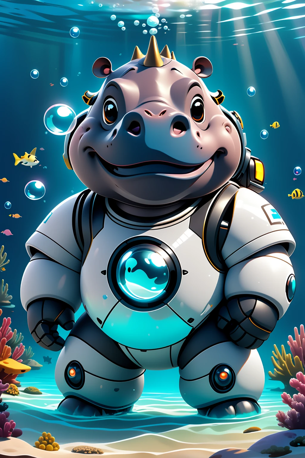 masterpiece,best quality,robotzoo, hippo mecha, cute, standing, glowing, looking at viewer, solo, full body ,underwater, Bubble,    <lora:robotzoo_v1.4:0.85>