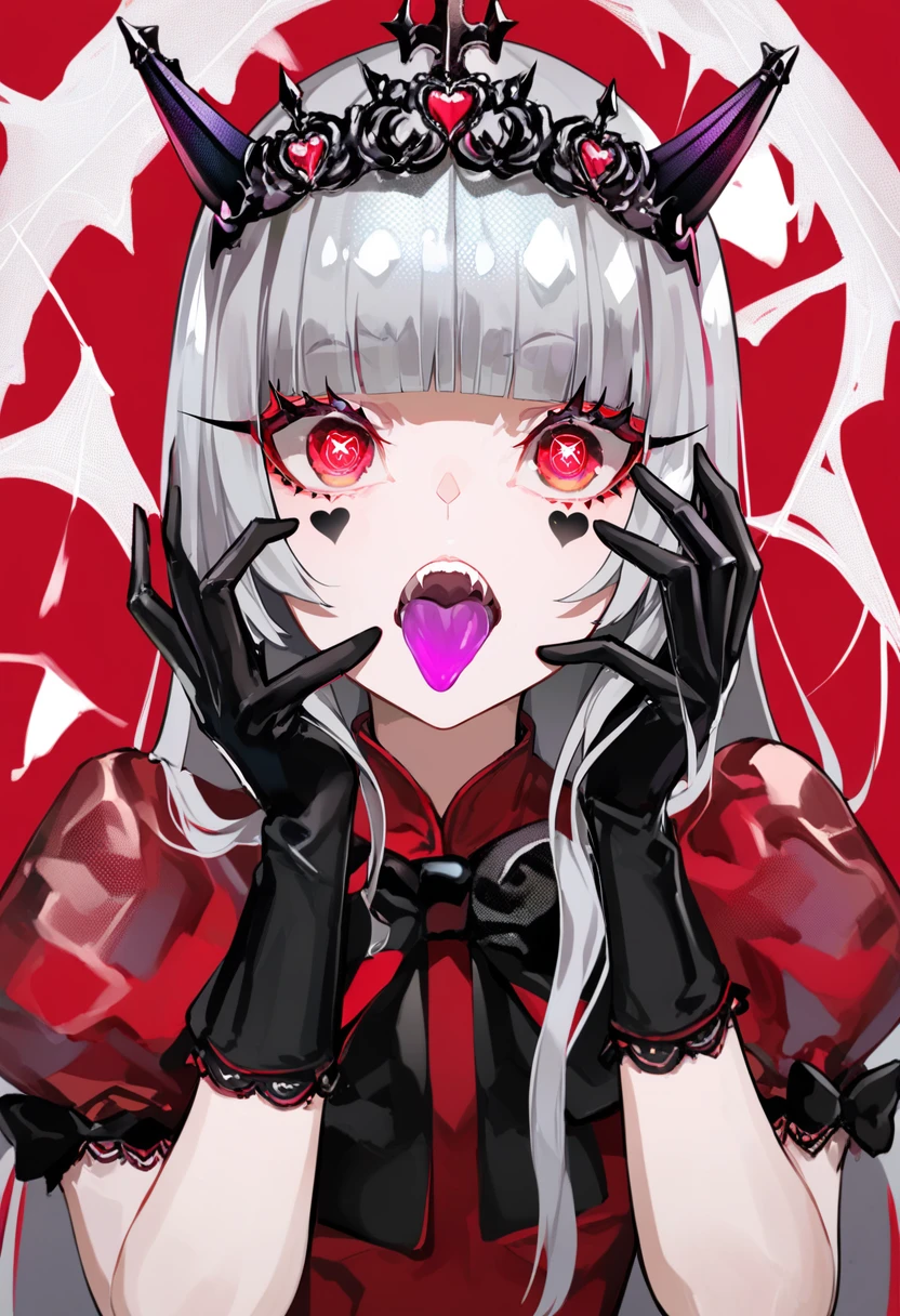 score_9, score_8_up, score_7_up, score_6_up, <lora:LAMXL_Js2_lokr_V4302:0.95> 1girl, gloves, solo, tongue, long hair, purple tongue, black gloves, red background, symbol-shaped pupils, tongue out, elbow gloves, colored tongue, grey hair, puffy sleeves, open mouth, puffy short sleeves, blunt bangs, red eyes, looking at viewer, upper body, short sleeves, dress, facial mark, tiara, heart, horns, simple background, hands on own face, crown, red dress, pink eyes, hands up, spider web, silk, teeth, star-shaped pupils, red theme, virtual youtuber, heart-shaped pupils, fangs, red hair, bow