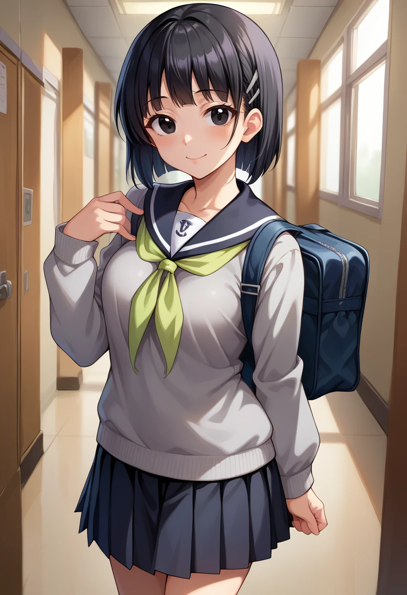 score_9,score_8_up,score_7_up BREAK 1girl,jelosugusu,school,hallway,solo,black hair,black eyes,hairclip,sailor collar,green neckerchief,oversized clothes,grey cardigan,black skirt,miniskirt,school bag,looking at viewer,light smile,<lora:Suguha-JeloXL-000007:1>,