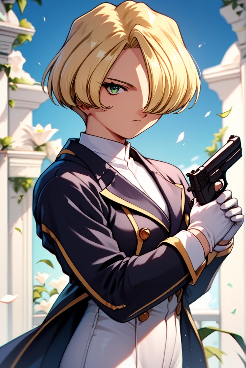 score_9, score_8_up, score_7_up, very aesthetic, source_anime, detailed, high quality, beautiful, masterpiece, detailed eyes,
indoor, blurry background,
<lora:lightXL:0.8>
cowboy shot, upper body, 
holding hand gun, looking at viewer, serious,
<lora:Sakura Wars_XL_PONY_V2.1:0.8>maria tachibana
<lora:maria_autismConfetti_v02:0.9>
mariasuit, blonde hair, hair over eye, green eye, short hair, coattails, black purple collared jacket,  white pants, long sleeves, white gloves, tight pants,, zPDXL