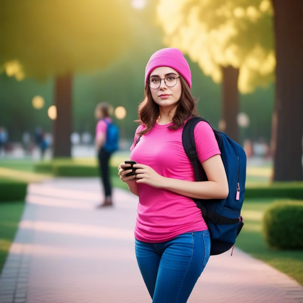 cinematic photo a full body woman, brown hair, glasses, pink shirt, jeans pants, beanie, blue backpack, park<lora:Meg1024:0.8> . 35mm photograph, film, bokeh, professional, 4k, highly detailed