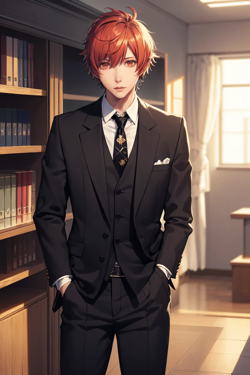 masterpiece, best quality, absurdres, 1boy, solo, IttokiOtoya, short hair, formal, suit, black jacket, black pants, necktie, indoors, office, hands in pockets, <lora:CHAR-IttokiOtoya:1>