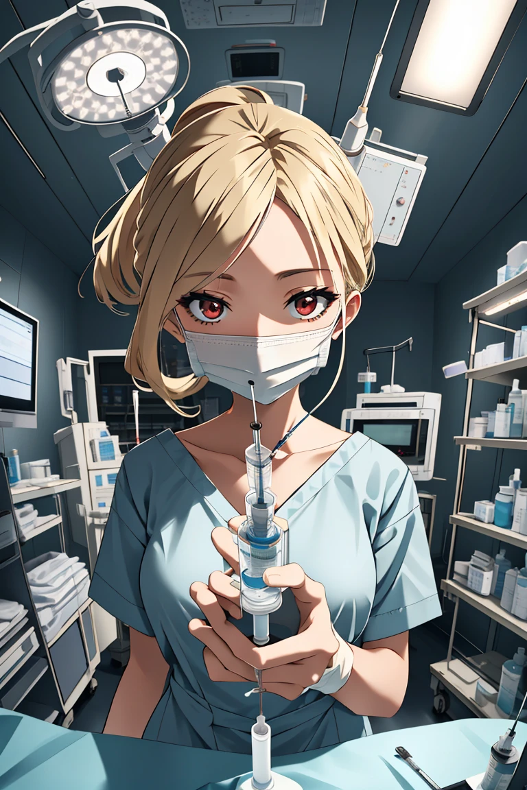 (RAW photo, best quality), operating room, overhead surgical light,blurred background, focused, dithering,backlighting,
 <lora:Sayuri_Brooks_V1.0-000006:0.55> sayuri brooks, 1girl, solo, anime coloring,blonde hair, red eyes, 
 <lora:injection_V1.0:0.8> injection_pov, 1girl, solo, looking at viewer, holding, syringe, surgical mask, holding syringe,