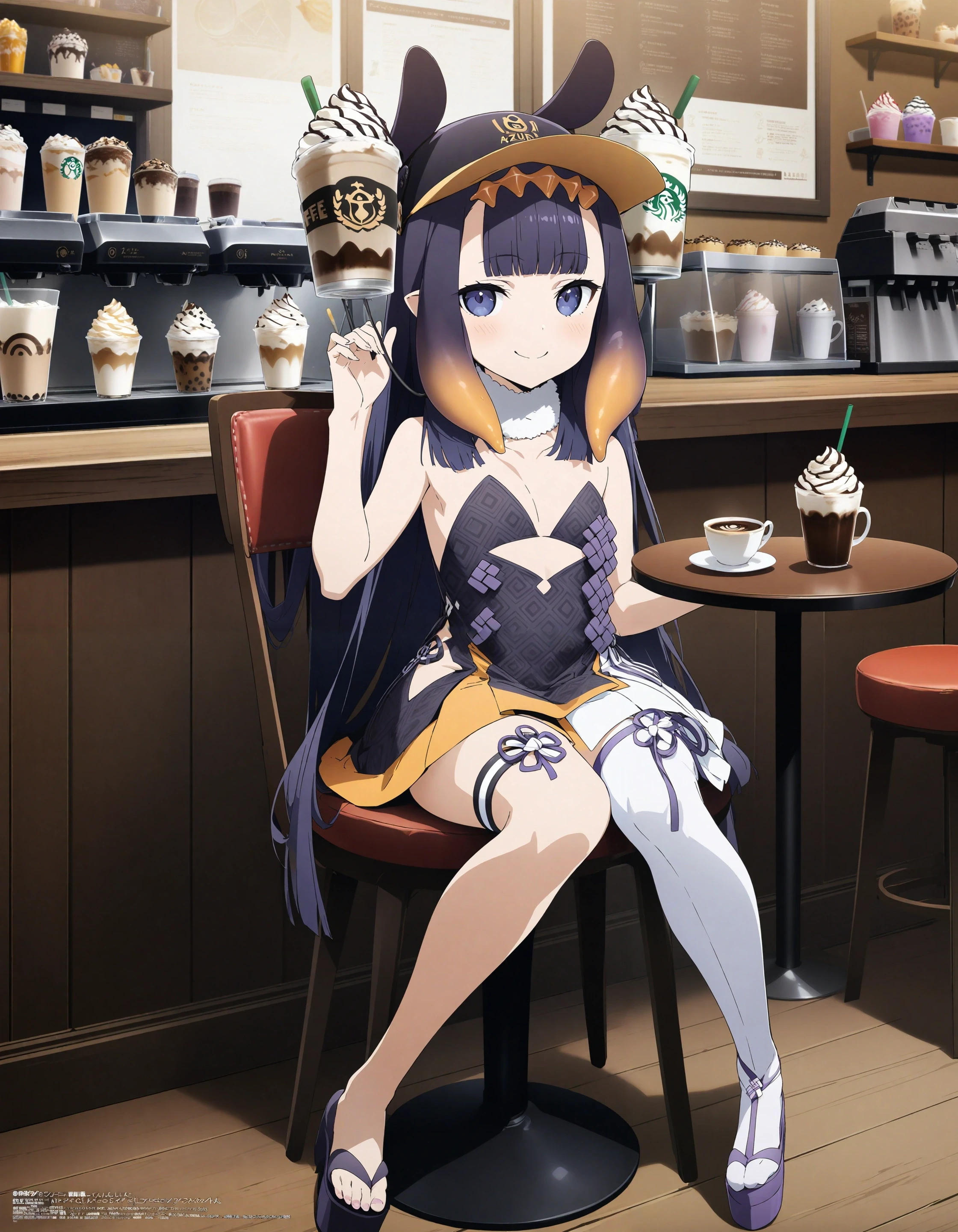 1girl, beer hat, tube in mouth, frappuccino,
ninomae ina'nis, azur lane,
key visual, megami magazine,
smile, cafe, sitting, asymmetrical legwear, dress looking at viewer, full body, chair,
[tentacle hair, purple hair:5],
<lora:concept_beerhat-v2.8.2-rls:1>