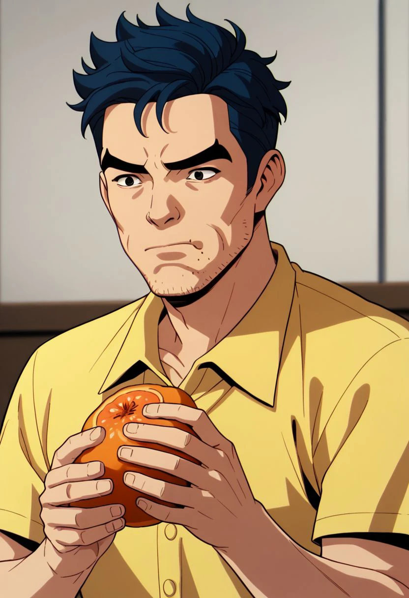 xmen97 style, 1boy, male focus, shirt, food, solo, meme, holding, facial hair, eating, upper body, holding food, blue hair, fruit, parody, stubble, short hair, collared shirt, black hair, thick eyebrows, indoors, closed mouth, yellow shirt, anime coloring, flat color, cel shading, cel shaded, 2d, PonyXLV6_Scores zPDXL