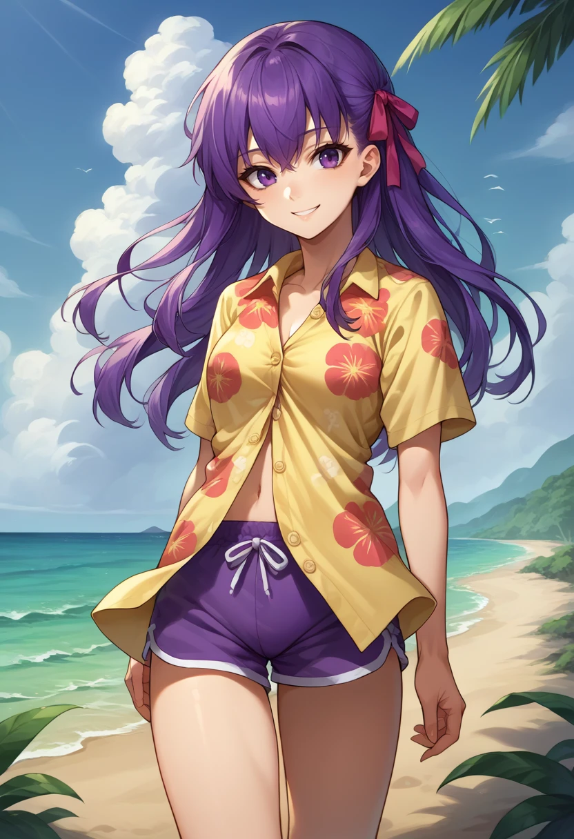 score_9, score_8_up, source_anime, 1girl, solo, SakuraMatou, purple hair, purple eyes, long hair, hair ribbon, hawaiian shirt, dress shirt, unbuttoned, multicolored shirt, purple shorts, dolphin shorts, smile, outdoors, beach, <lora:ChamSakuraMatouPonyXL:1>