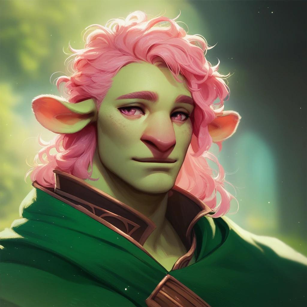 (((beautiful, high quality))), score_9, score_8_up, score_7_up, Firbolg, furry, big nose, big nose, animal ears, 1boy, male focus, green skin, pink hair, pink eyes, green cape, fantasy background, blurred background,