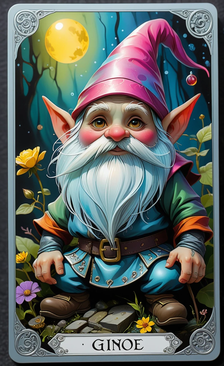 <lora:artfullyONEHUNDRED_SDXL_V1:.7>, art100th,
Concept race: gnome In the style of tarot, plastic card, foiled with reflective metal, Inked by hand, all colors holographic except black. Movement causes the card to change appearances.