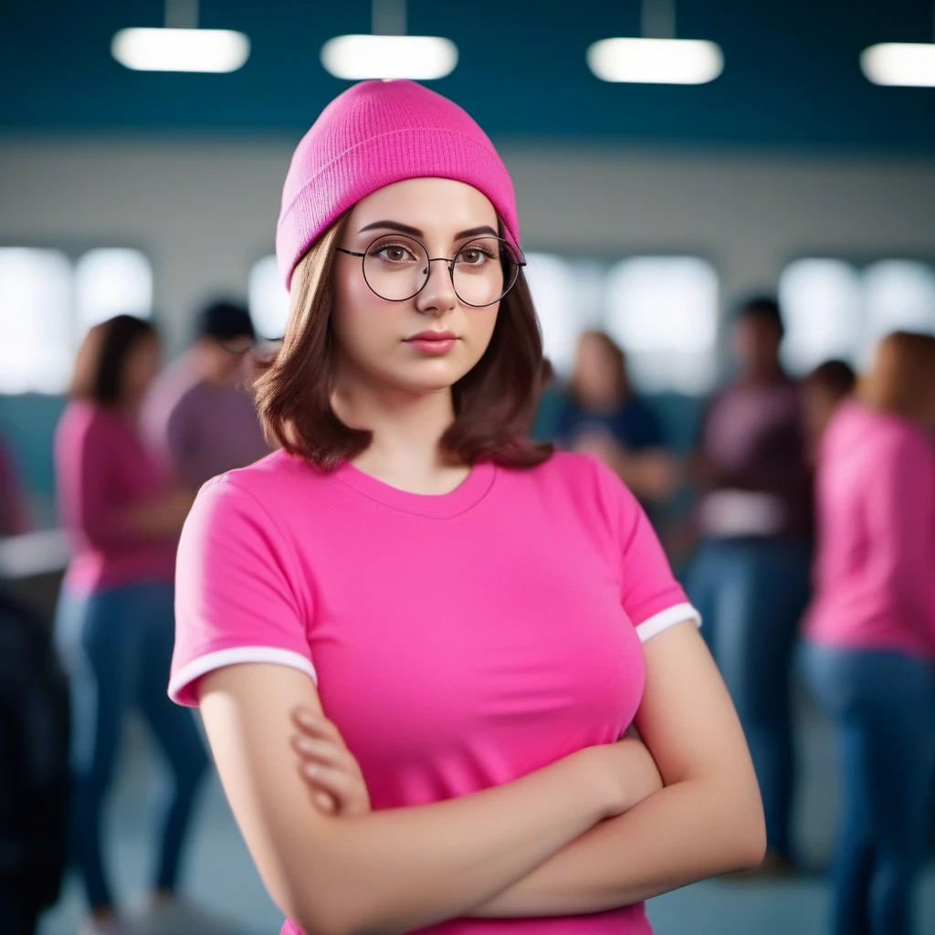 cinematic photo a woman, brown hair, glasses, pink shirt, jeans pants, beanie,in a highschool <lora:Meg1024:0.8> . 35mm photograph, film, bokeh, professional, 4k, highly detailed