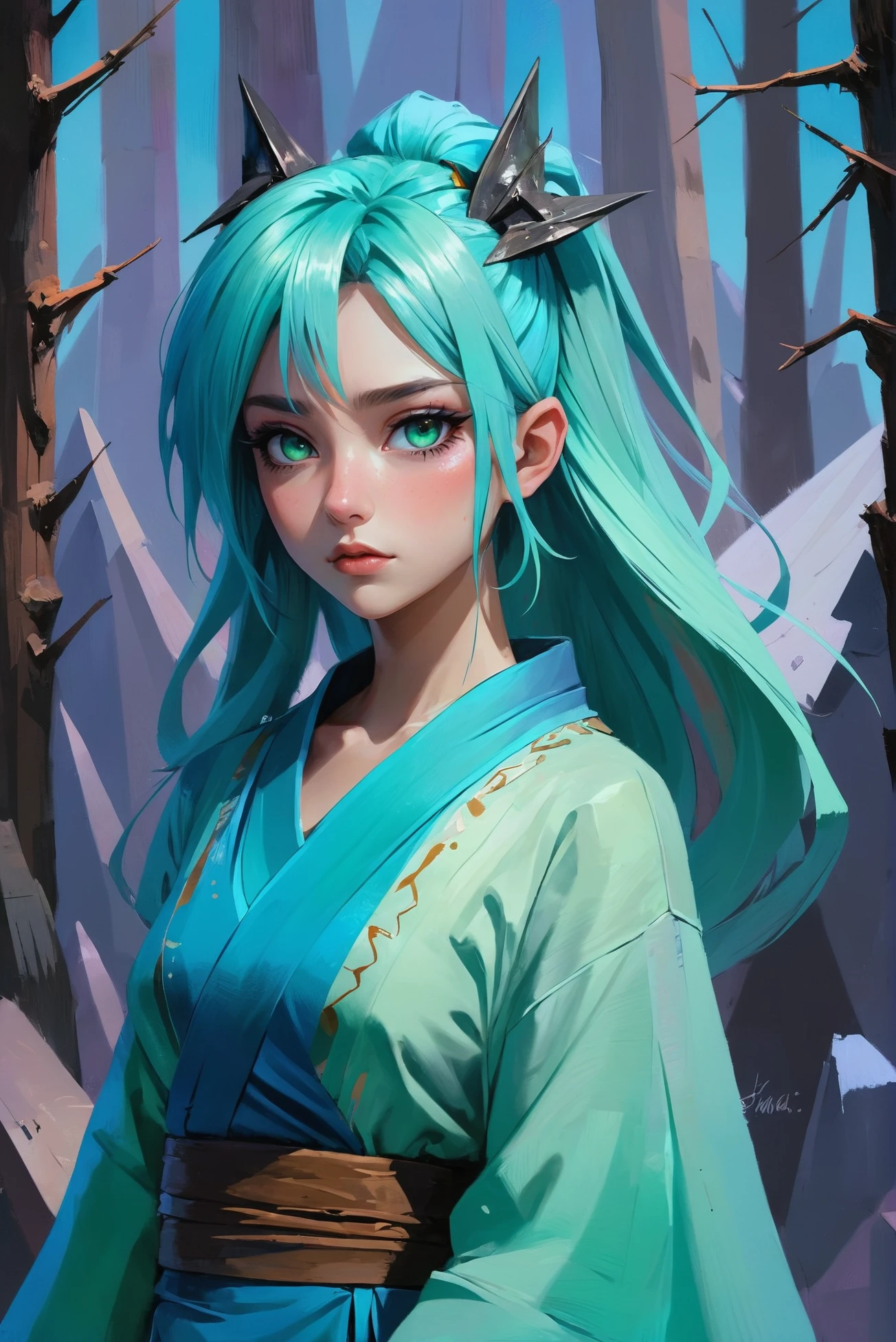 rough textured digital painting, palette knife, anime style, Subalpine Forest,1girl, woman, (spunky pointy cyphermage chef:1.3), long eyelashes, muted mediumturquoise eyes, shawl,glowing eyes, (wizard outfit, navel cutout:1.2) [:revealing costume design:0.2], bombshell hair, ultraviolet and blue-green hair, Diffused Curls, dodgerblue clothes, athletic hourglass figure, japanese<lora:EnvyStarlightJaggedCrystal01:1>