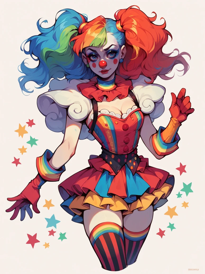 score_9, score_8_up, score_7_up, score_6_up, 1girl, <lora:c1rcus2XLP:0.6> c1rcus, clown, multicolored hair, thighhighs, gloves, makeup, striped