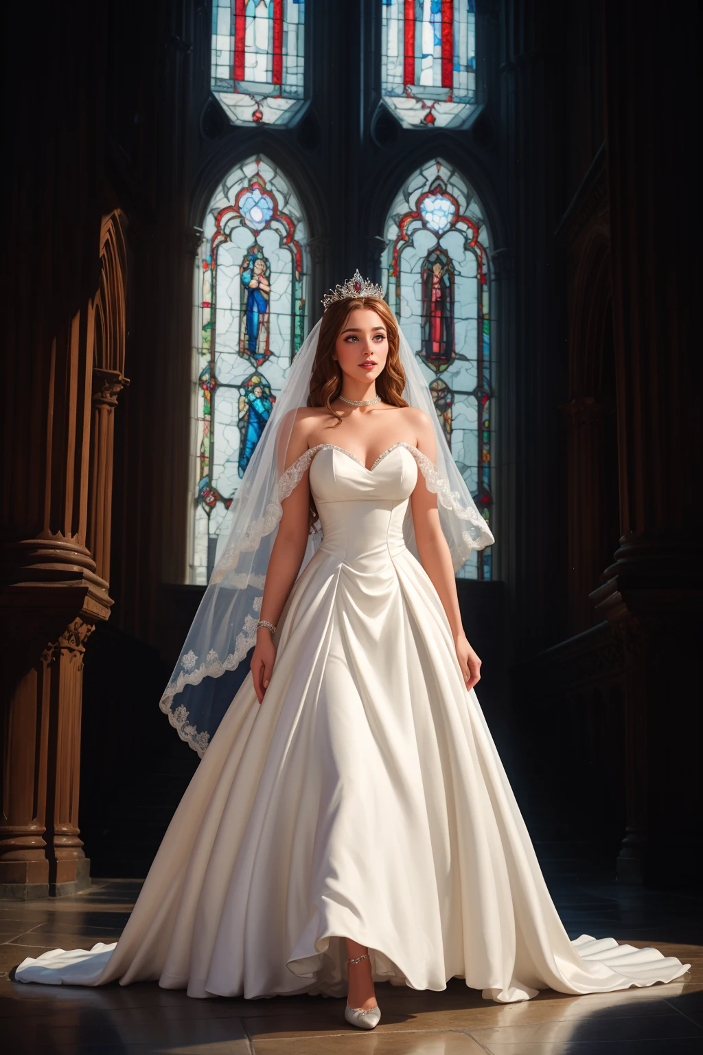 photogenic adult woman happy, ruched satin flowing ballgown wedding dress, walking, cathedral, stained glass windows, hard shadows, godrays, petal rain, direct light, tiara, veil, jewelry, choker, 8k resolution, high detail, best quality, high quality