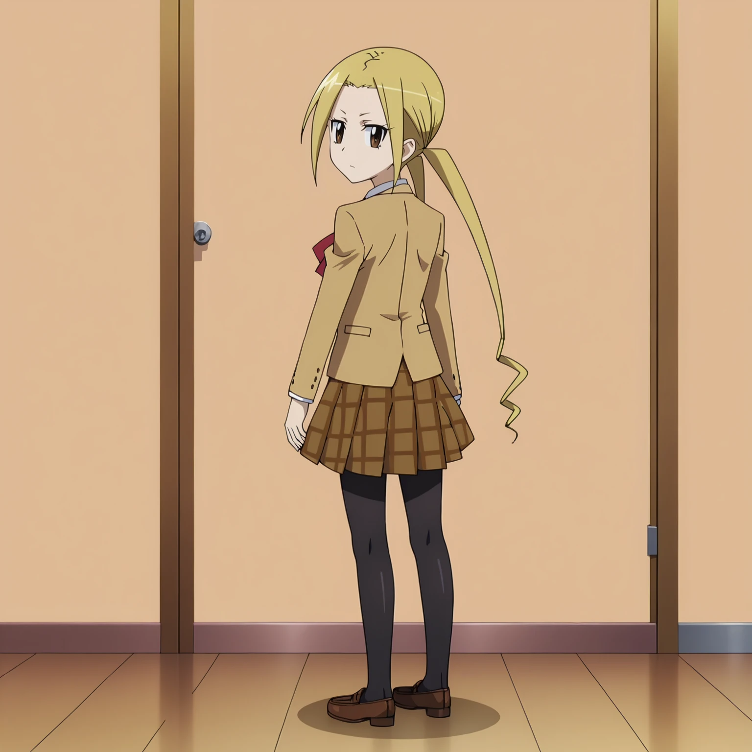 <lora:SuzuHagimuraXLpony001>,
solo,
SuzuHagimura,1girl,blonde hair,twintails,brown eyes,
school_uniform,
plaid skirt,
pantyhose,
full body,standing,looking back,