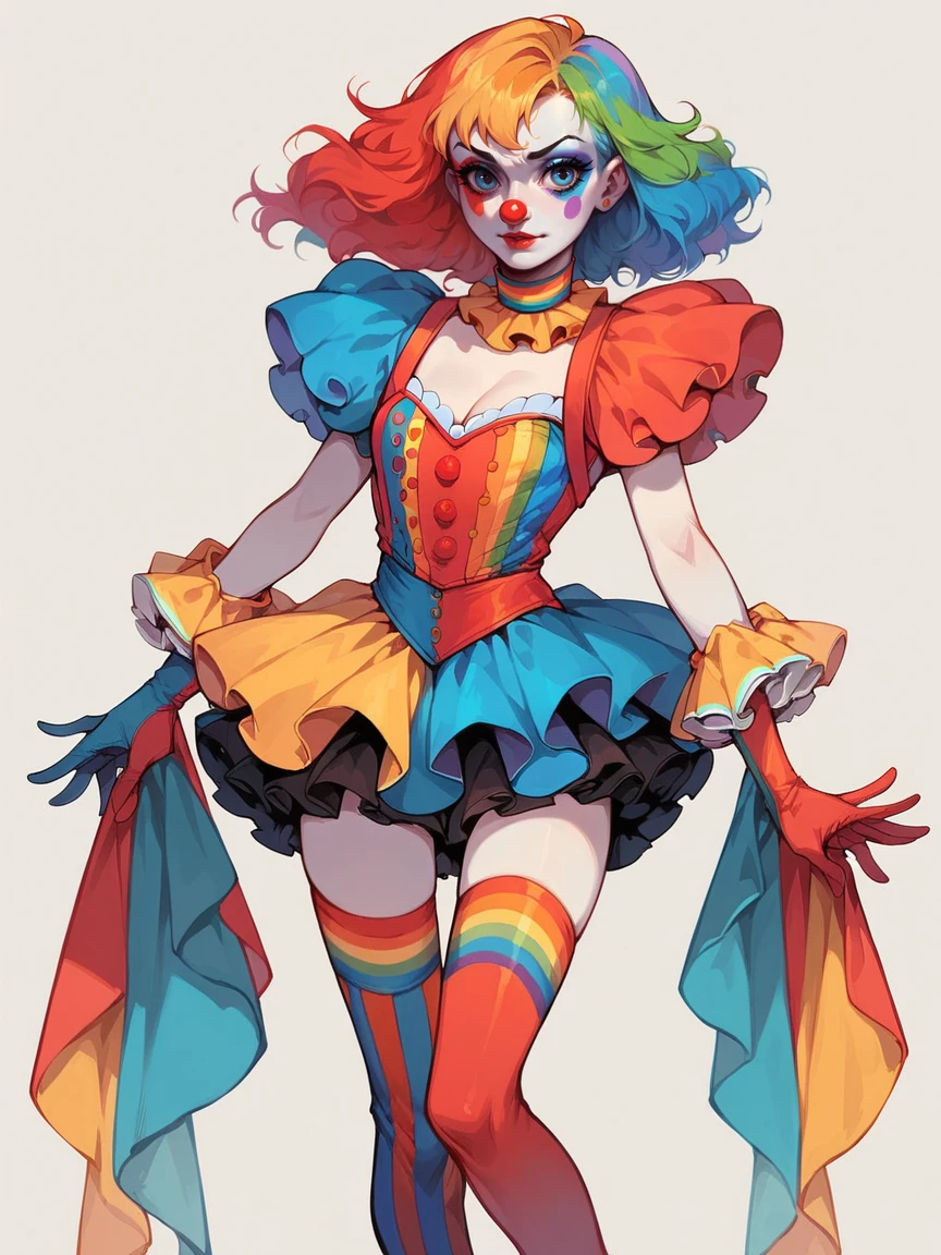 score_9, score_8_up, score_7_up, score_6_up, 1girl, <lora:c1rcus2XLP:0.6> c1rcus, clown, multicolored hair, thighhighs, gloves, makeup, striped